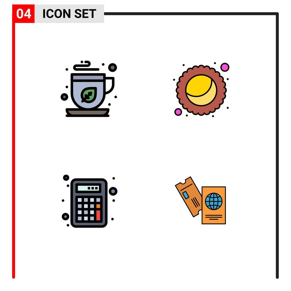 modern reeks van 4 gevulde lijn vlak kleuren en symbolen zo net zo groen wiskunde thee taart paspoort bewerkbare vector ontwerp elementen