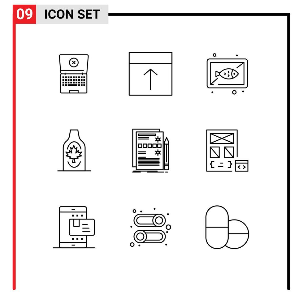 9 thematisch vector contouren en bewerkbare symbolen van esdoorn- Canada vis herfst koken bewerkbare vector ontwerp elementen