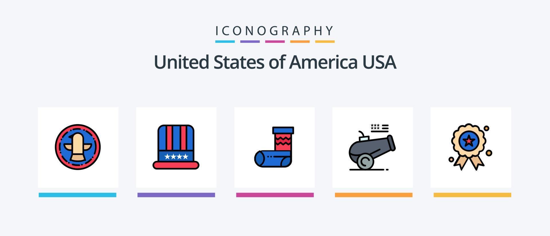 Verenigde Staten van Amerika lijn gevulde 5 icoon pak inclusief schild. Amerikaans. bal. laars. Verenigde Staten van Amerika. creatief pictogrammen ontwerp vector