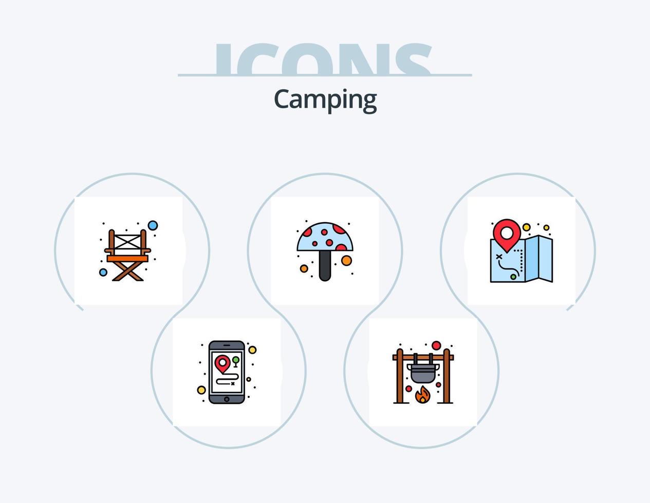 camping lijn gevulde icoon pak 5 icoon ontwerp. stok. vlam. lantaarn. brand. kamp vector