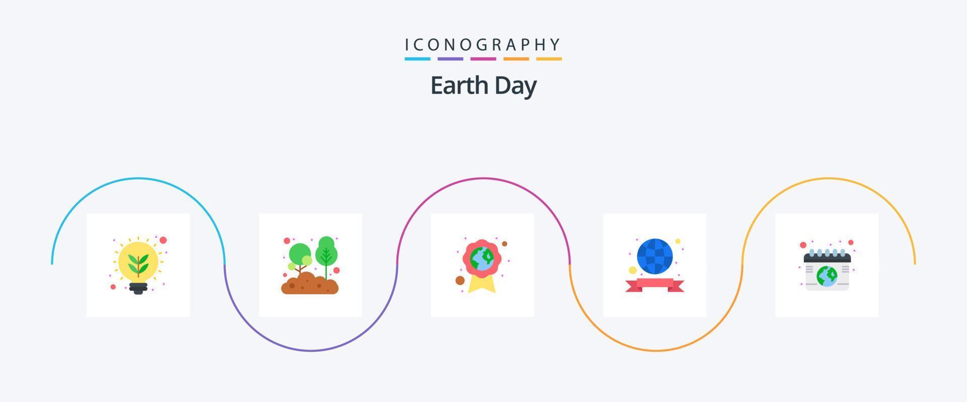aarde dag vlak 5 icoon pak inclusief kalender. kenteken. boom. lintje. medaille vector