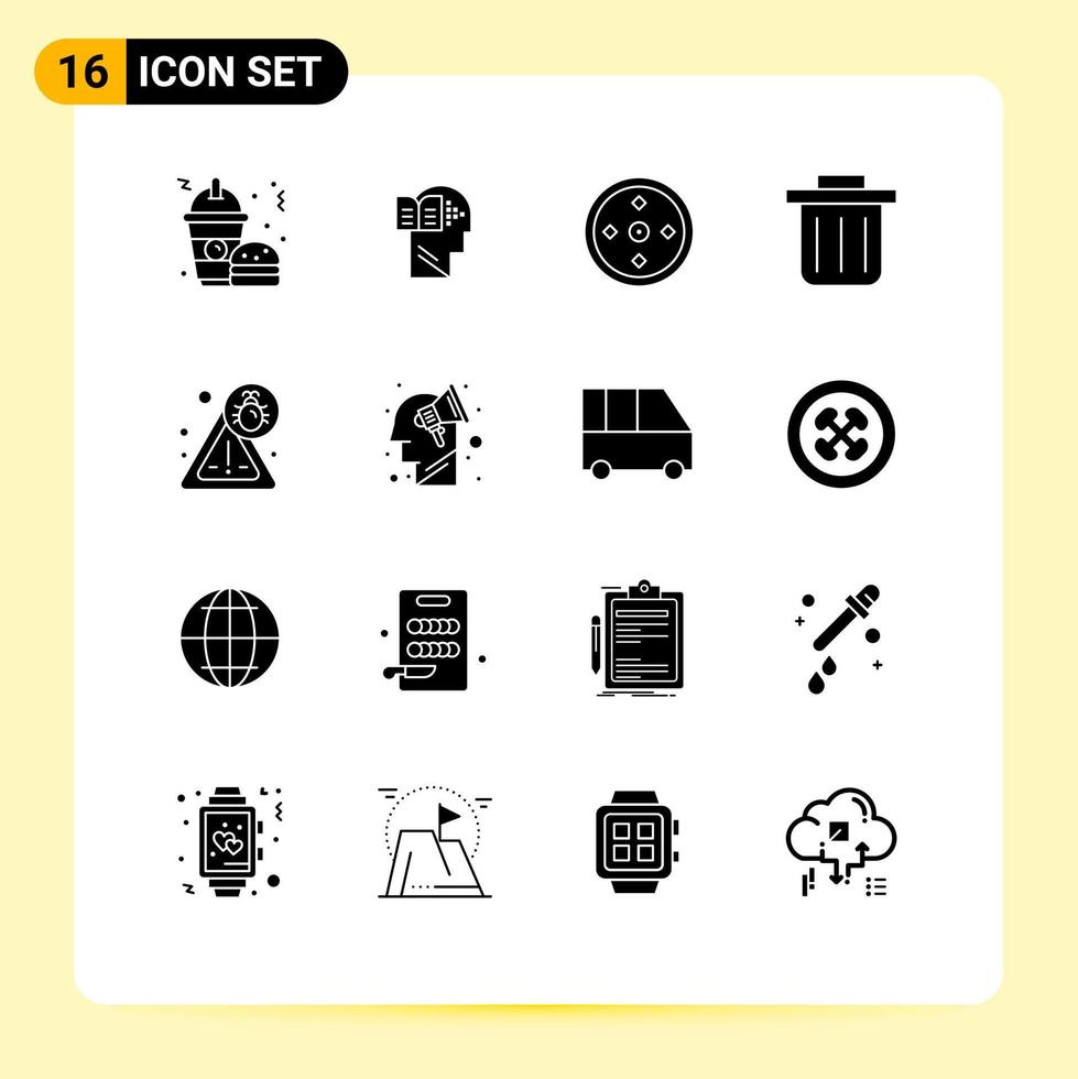 16 solide glyph concept voor websites mobiel en apps plan virus focus veiligheid recycling bak bewerkbare vector ontwerp elementen