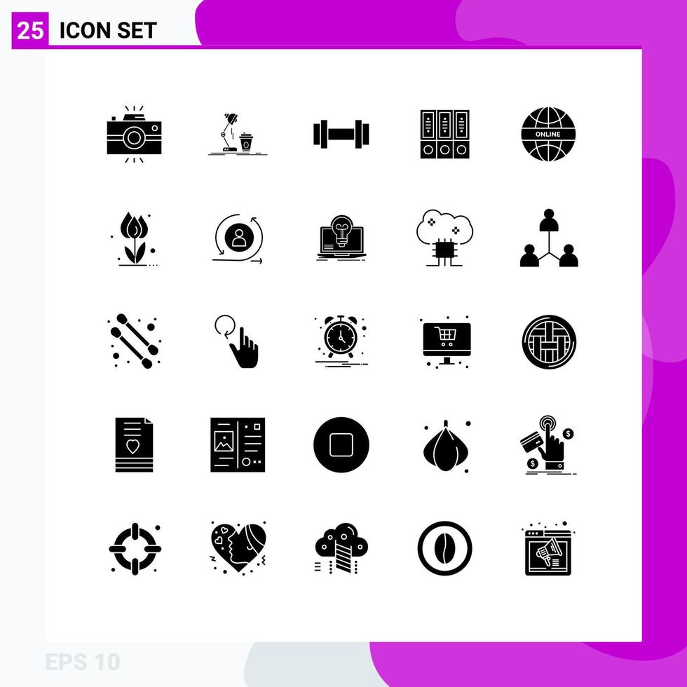 25 thematisch vector solide glyphs en bewerkbare symbolen van mappen databank lamp gegevens bestanden bewerkbare vector ontwerp elementen