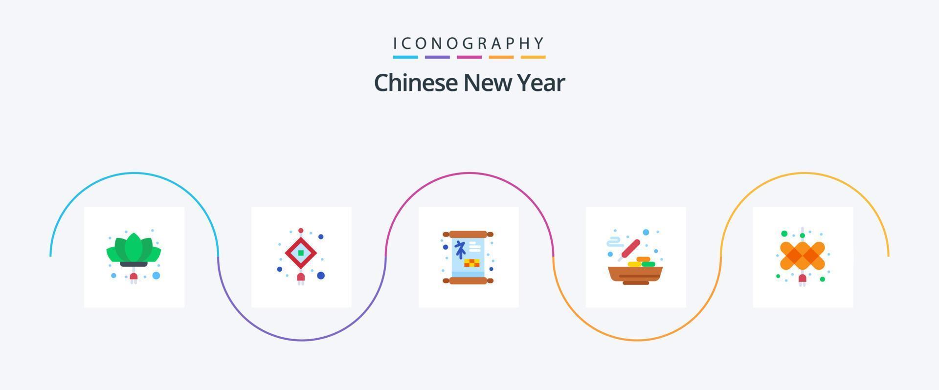 Chinese nieuw jaar vlak 5 icoon pak inclusief Chinese knoop. voedsel. licht. Chinese voedsel. teken vector