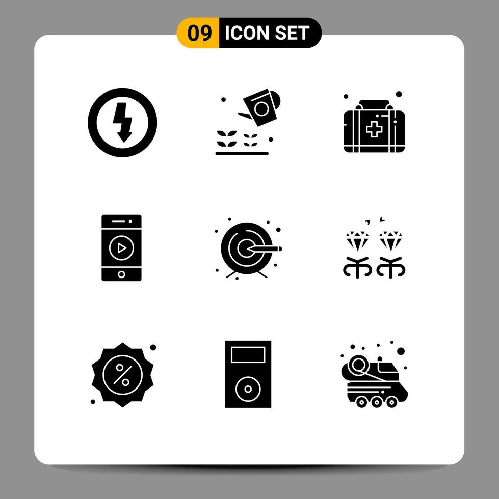 modern reeks van 9 solide glyphs pictogram van doelwit creatief eerste steun spreker muziek- bewerkbare vector ontwerp elementen