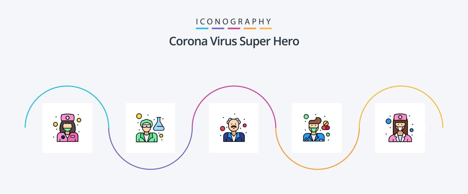 corona virus super held lijn gevulde vlak 5 icoon pak inclusief meisje. apotheek. avatar. apotheker. mannetje vector