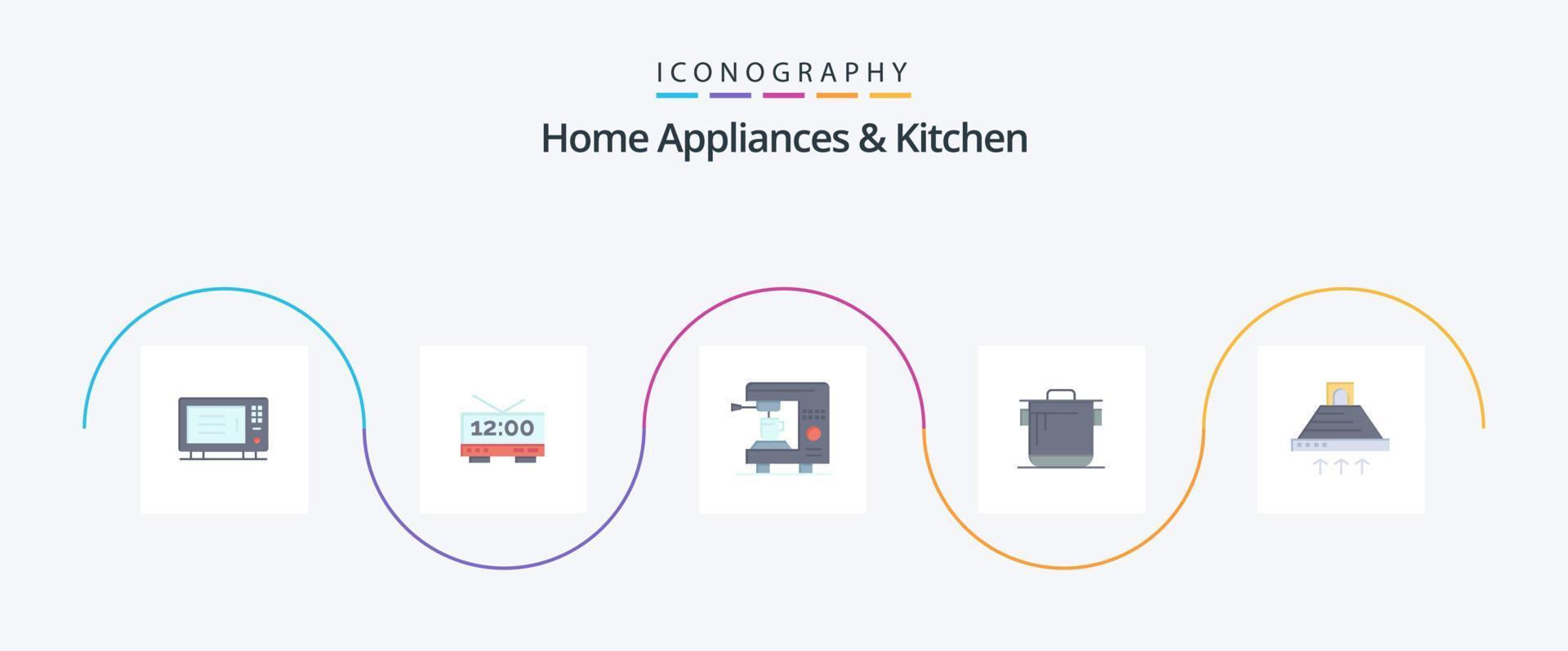 huis huishoudelijke apparaten en keuken vlak 5 icoon pak inclusief Koken. koken. koffie. rijst. kookplaat vector