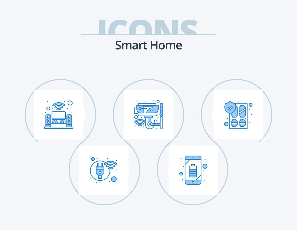 slim huis blauw icoon pak 5 icoon ontwerp. toezicht. veiligheid. slim. huis. muziek- systeem vector