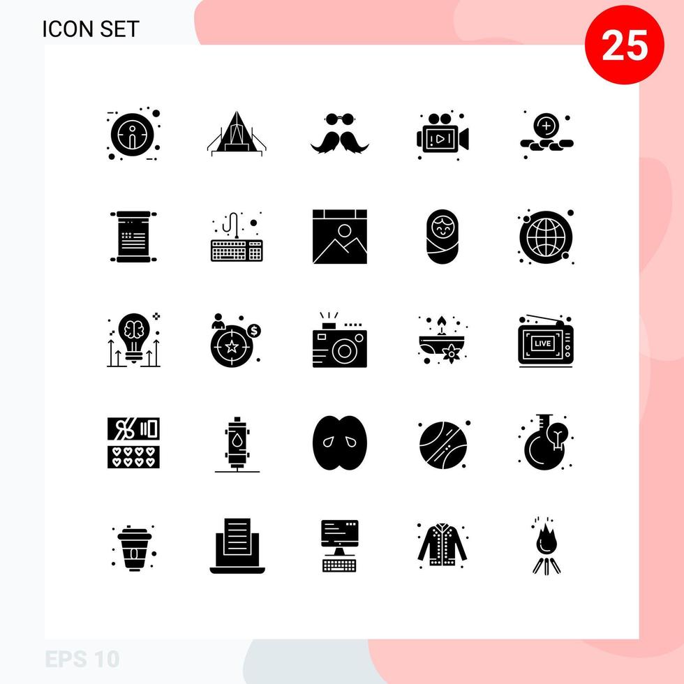 modern reeks van 25 solide glyphs pictogram van plus video snor media mannen bewerkbare vector ontwerp elementen