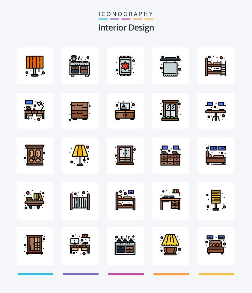creatief interieur ontwerp 25 lijn gevulde icoon pak zo net zo baby bed. meubilair. Koken. gordijnen. tapijt vector