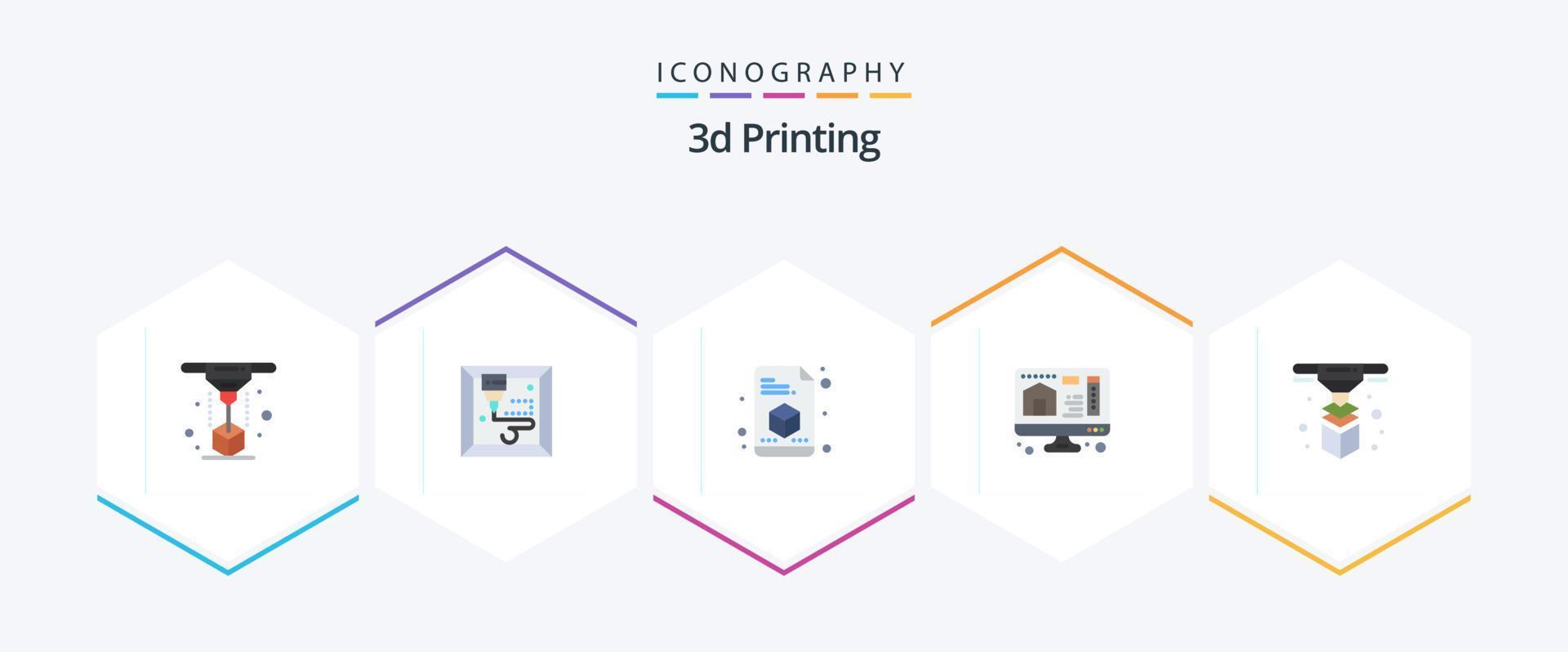 3d het drukken 25 vlak icoon pak inclusief modellering. huis. 3d. afdrukken. d vector