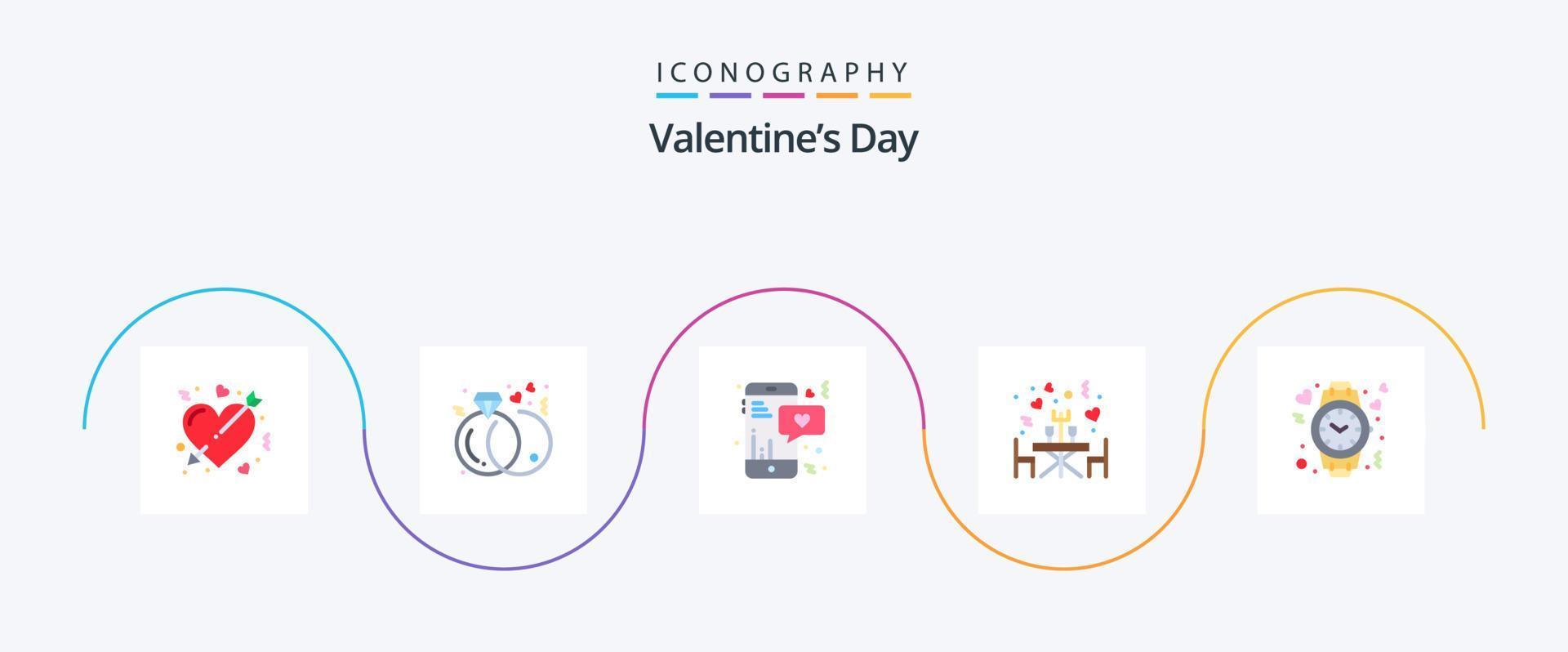 valentijnsdag dag vlak 5 icoon pak inclusief hart. romantisch. ringen. restaurant. tekst vector