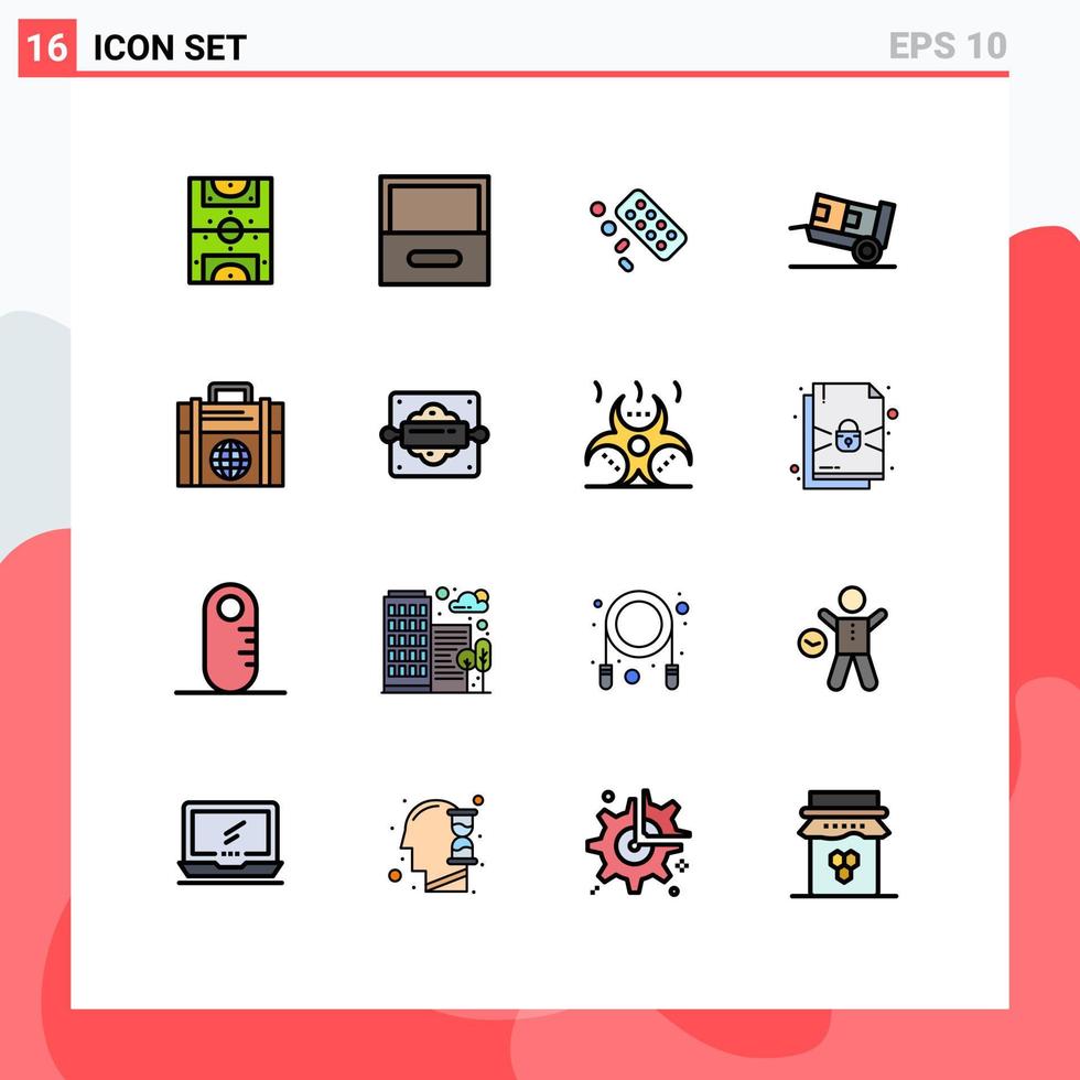 mobiel koppel vlak kleur gevulde lijn reeks van 16 pictogrammen van modern bedrijf pil Verzending handkar bewerkbare creatief vector ontwerp elementen