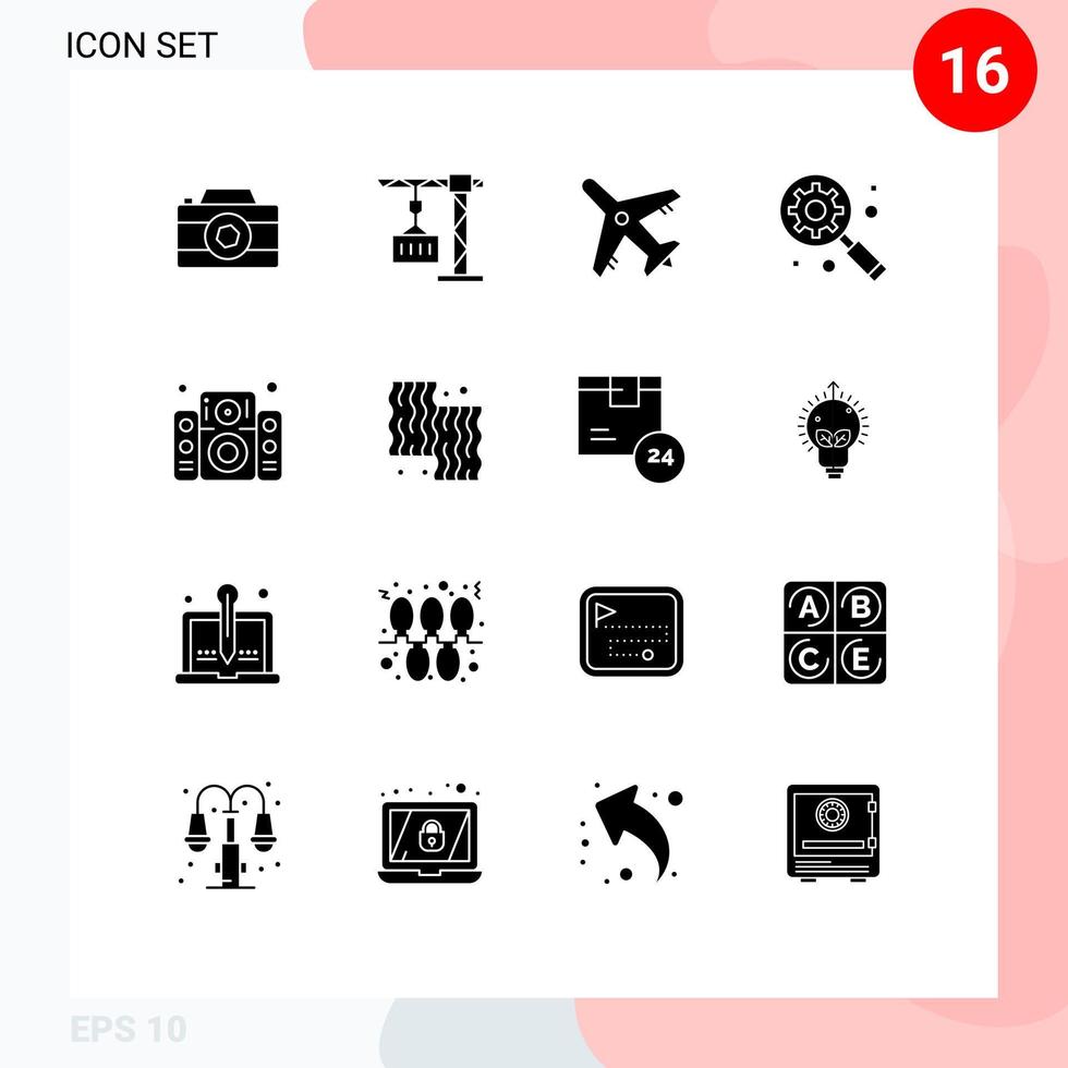 gebruiker koppel pak van 16 eenvoudig solide glyphs van partij geluid luchthaven muziek- uitrusting onder vergrootglas bewerkbare vector ontwerp elementen