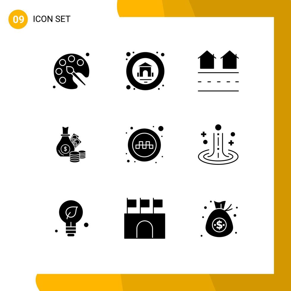 modern reeks van 9 solide glyphs pictogram van openbaar munten huizen bedrijf geld bewerkbare vector ontwerp elementen