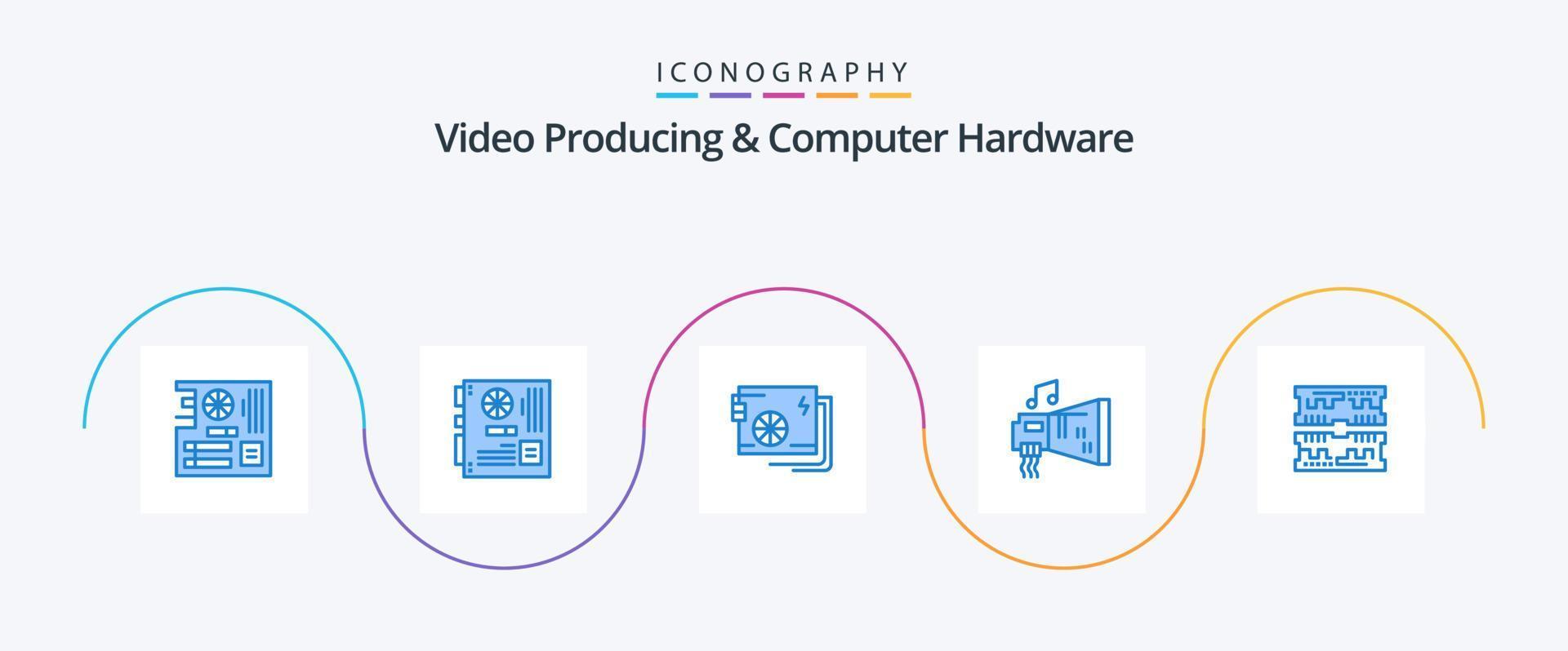 video produceren en computer hardware blauw 5 icoon pak inclusief apparaat. geluid. moeder. levering. een deel vector