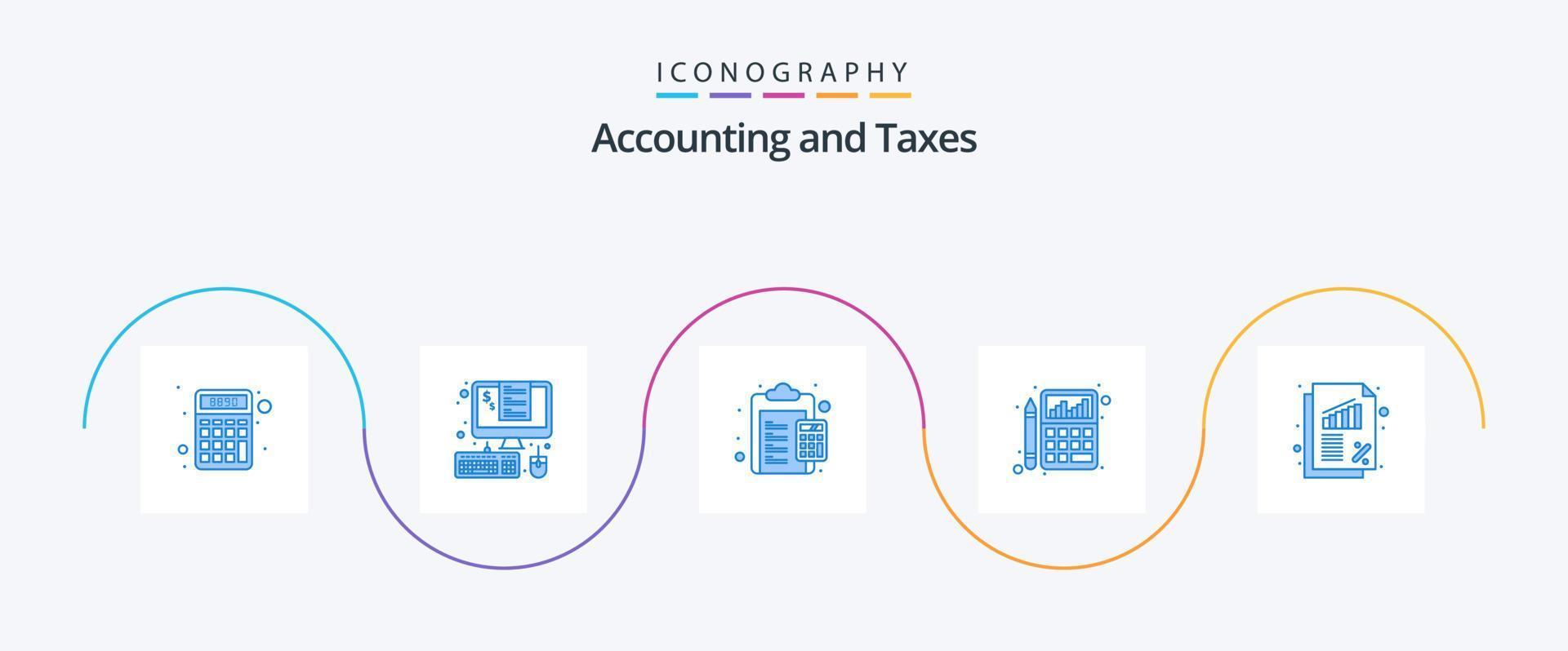 belastingen blauw 5 icoon pak inclusief rekenmachine. boekhouding. belastingen. betaalbaar. in rekening brengen vector