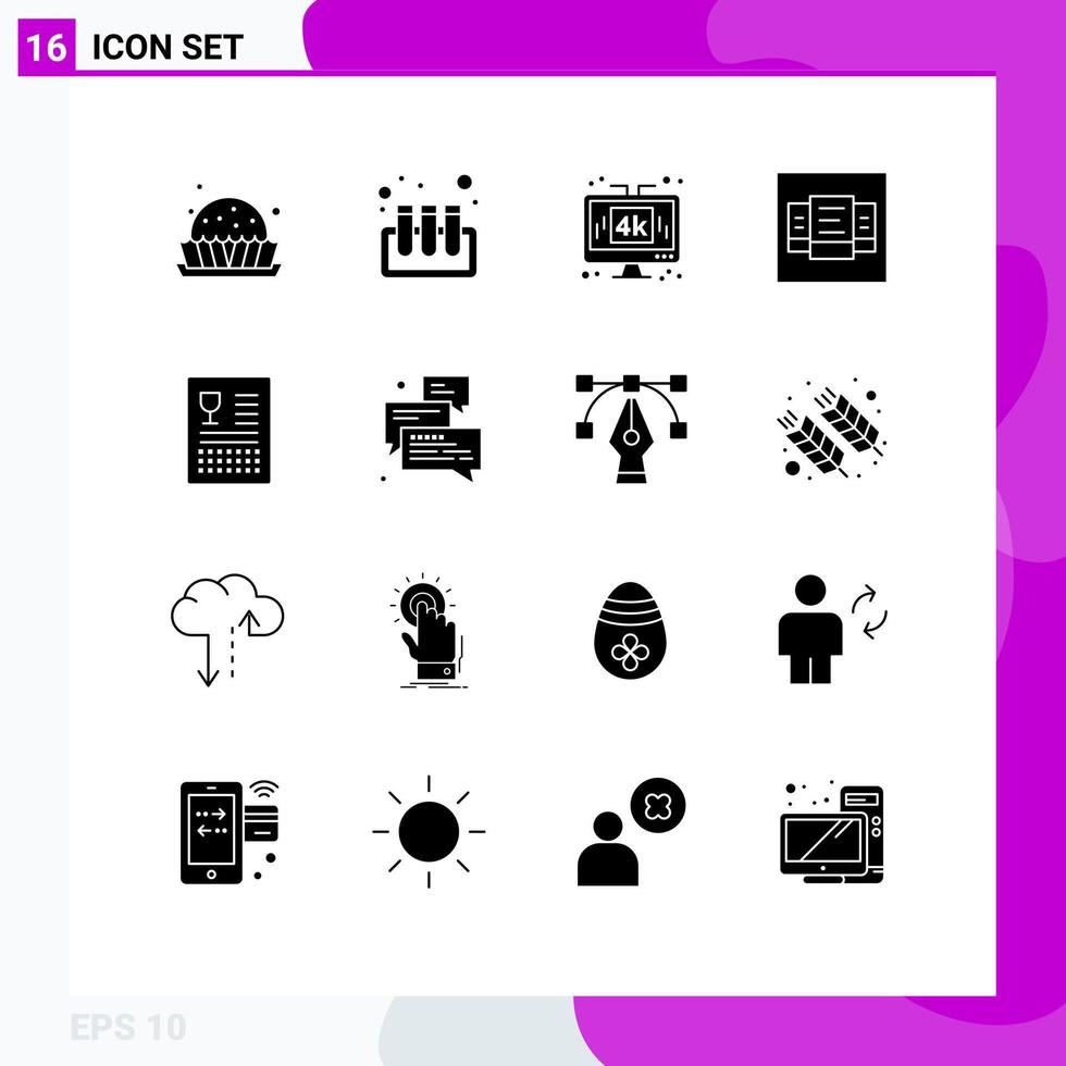 16 solide glyph concept voor websites mobiel en apps drankjes catalogus Scherm tafel lay-out bewerkbare vector ontwerp elementen
