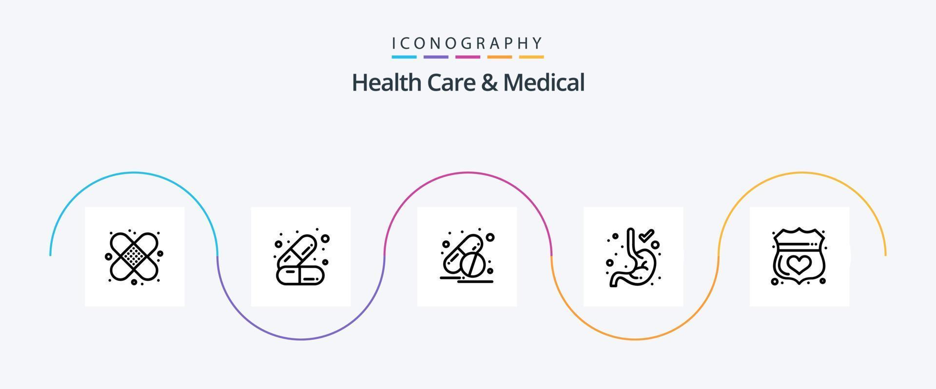 Gezondheid zorg en medisch lijn 5 icoon pak inclusief zeker. medisch. capsule. bewaker. gastro-enterologie vector