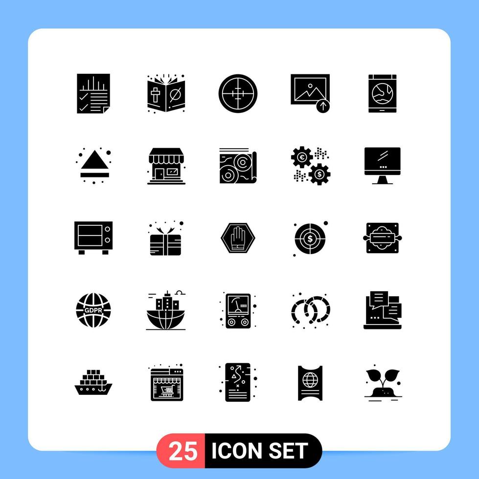 modern reeks van 25 solide glyphs pictogram van uploaden beeld halloween doelwit leger bewerkbare vector ontwerp elementen