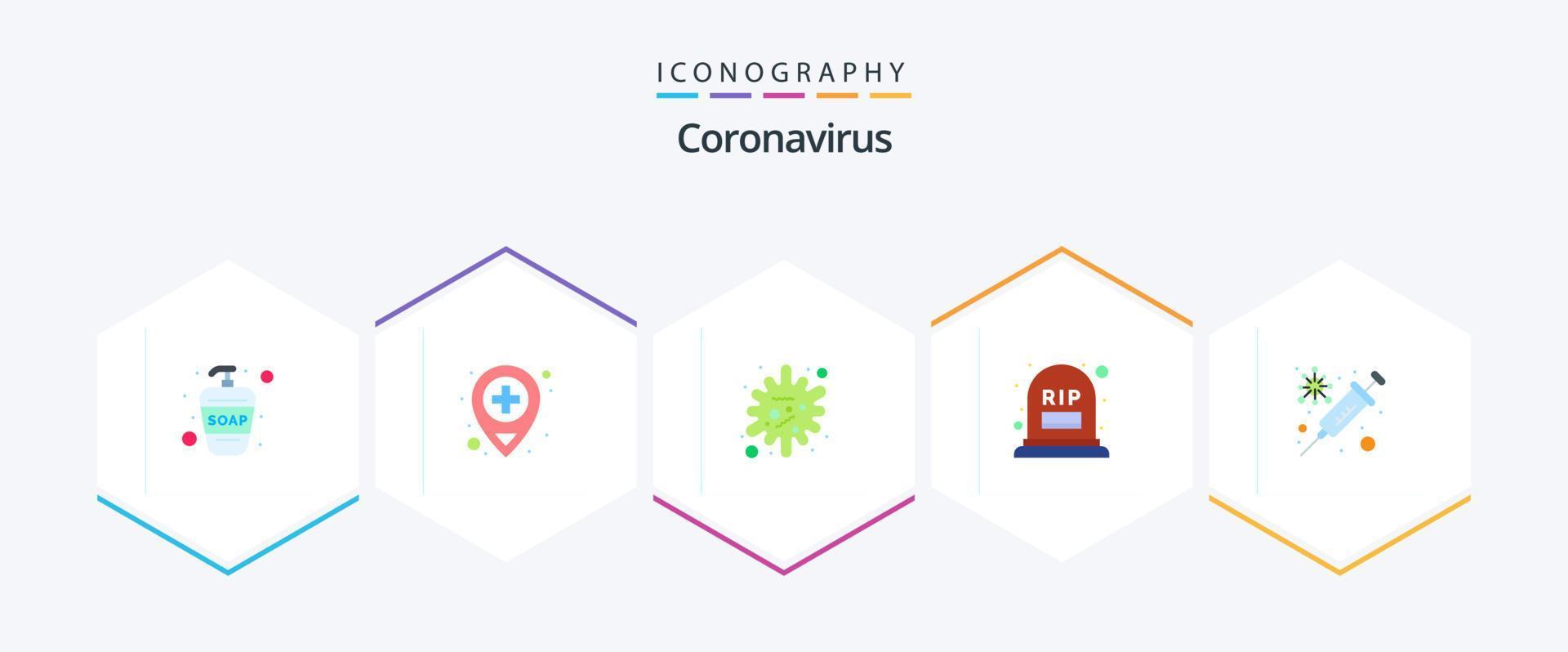 coronavirus 25 vlak icoon pak inclusief vaccin. griep. ziekte. Rust in vrede. graf vector