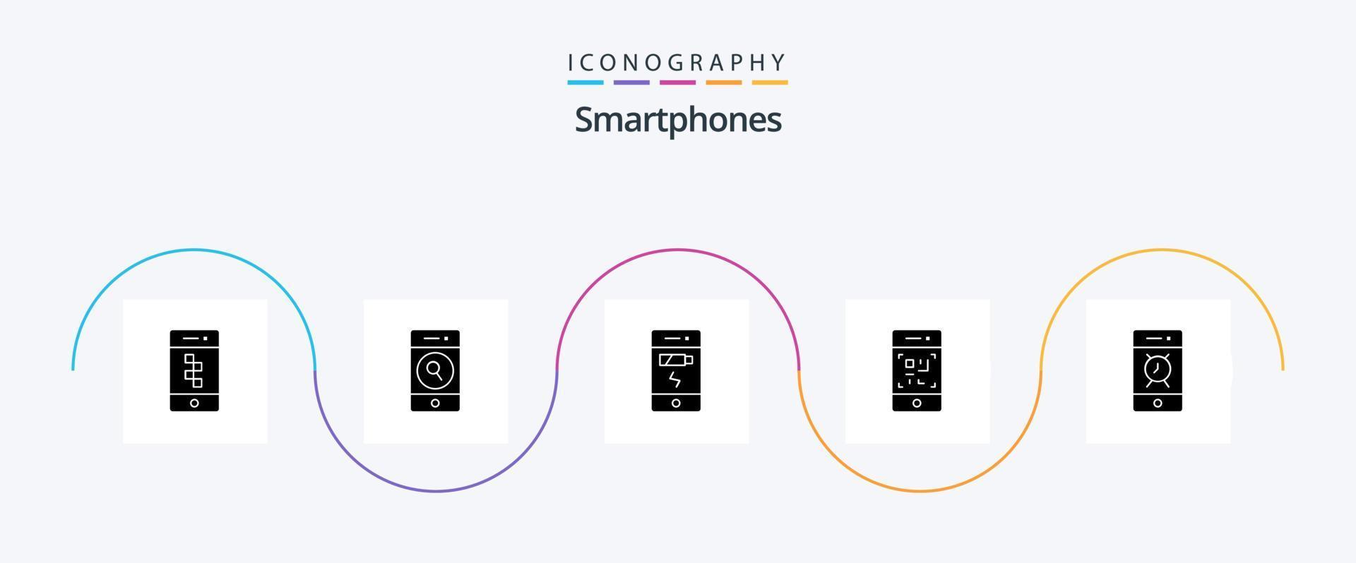 smartphones glyph 5 icoon pak inclusief alert. technologie. accu. scanner. streepjescode vector