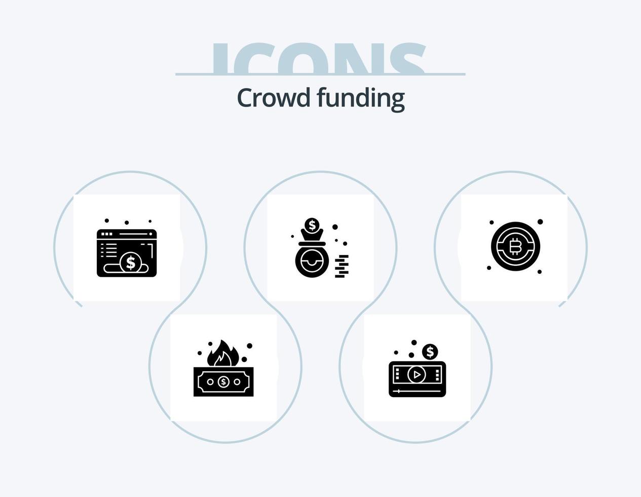 crowdfunding glyph icoon pak 5 icoon ontwerp. bitcoins. geld. video. financiën. fonds vector