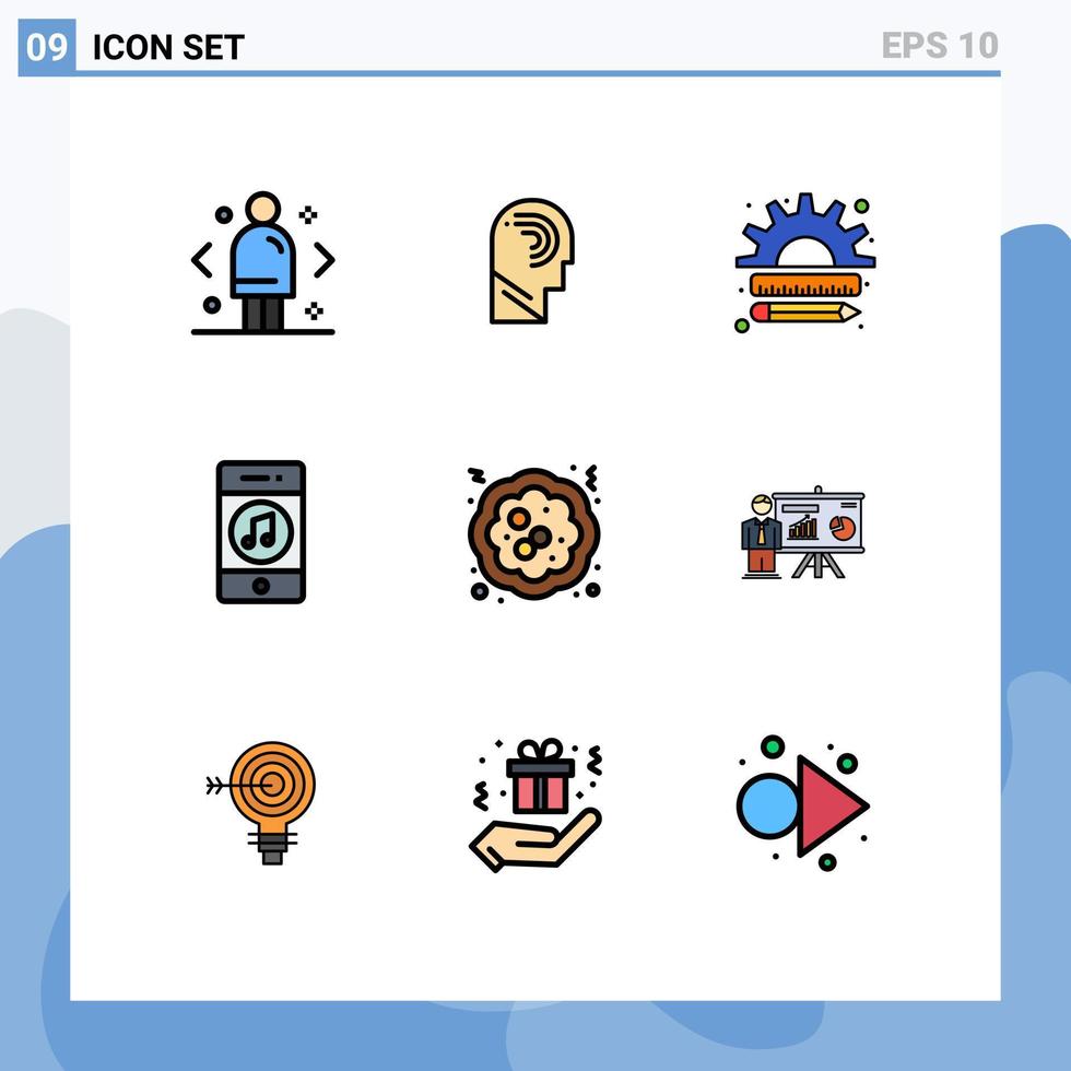 9 gevulde lijn vlak kleur concept voor websites mobiel en apps muziek- communicatie geest afzet financiën bewerkbare vector ontwerp elementen