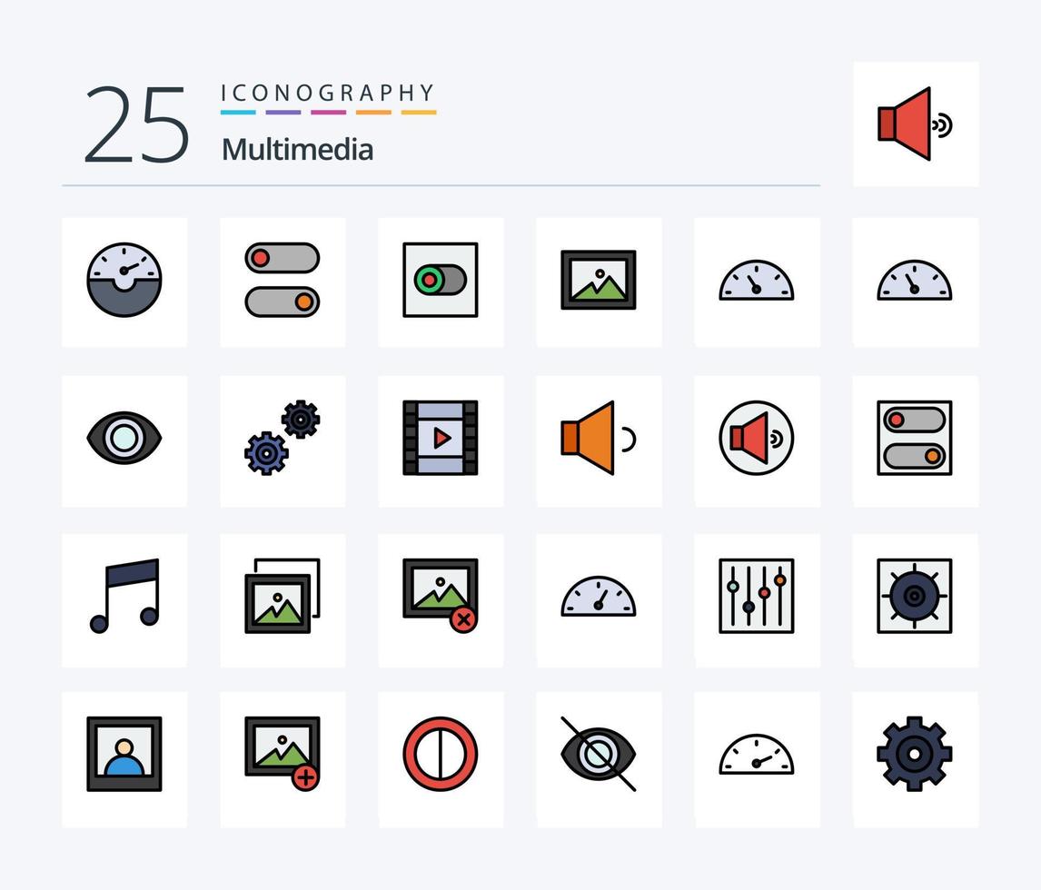 multimedia 25 lijn gevulde icoon pak inclusief film. versnellingen. foto. controles. oog vector