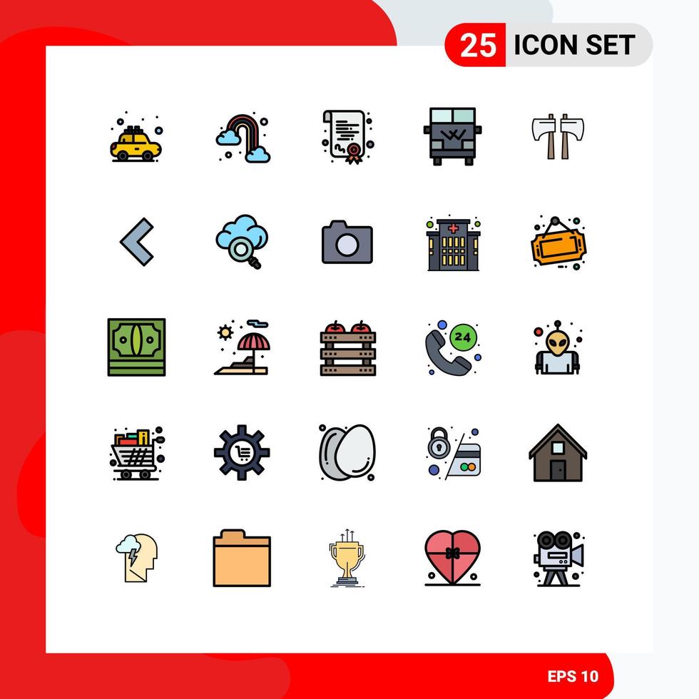 25 gevulde lijn vlak kleur concept voor websites mobiel en apps houthakker bijl certificaat voertuig vervoer bewerkbare vector ontwerp elementen