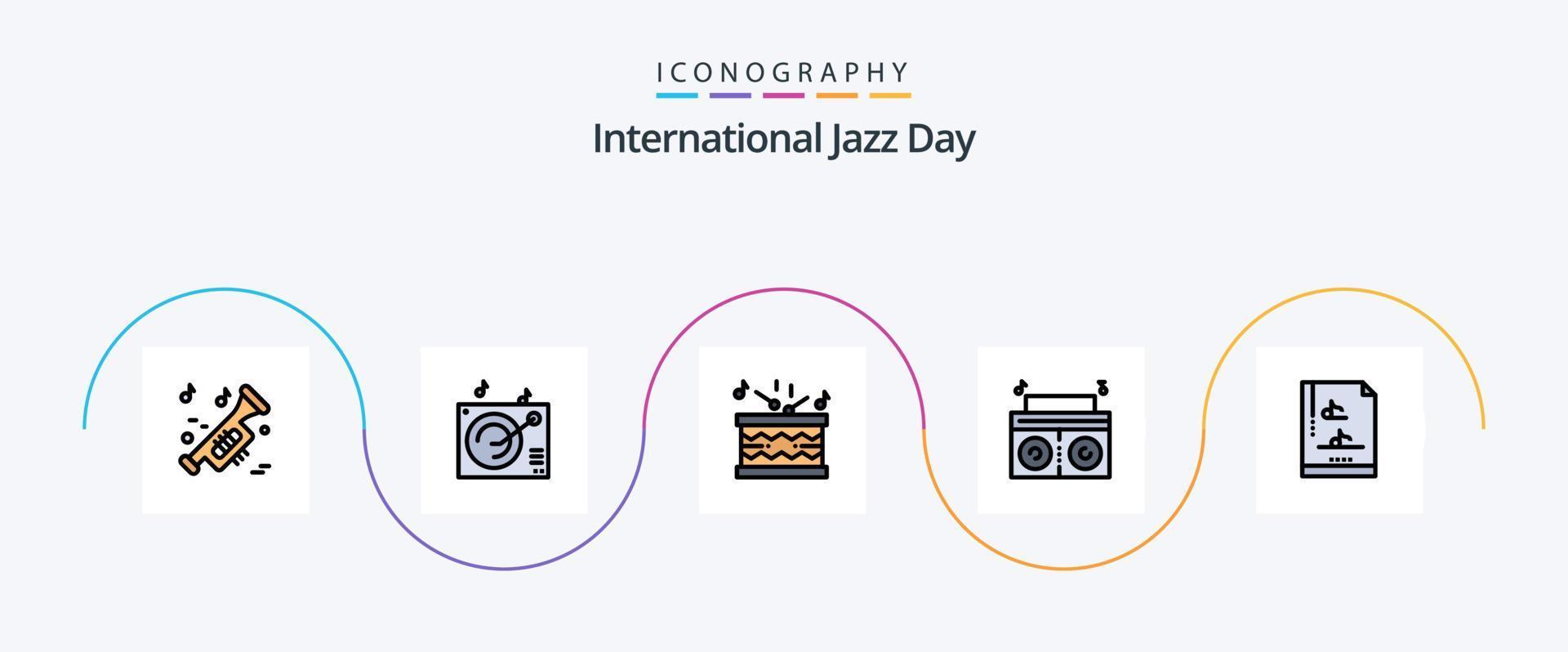 Internationale jazz- dag lijn gevulde vlak 5 icoon pak inclusief . muziek. instrument. het dossier document. p vector