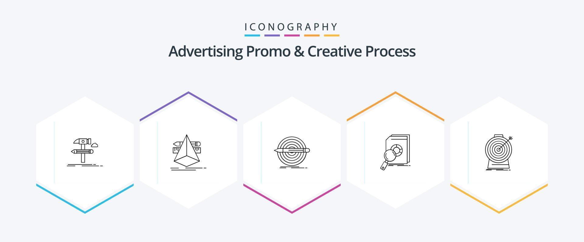 reclame promo en creatief werkwijze 25 lijn icoon pak inclusief financieel. analyse. schetsen. doelwit. potlood vector