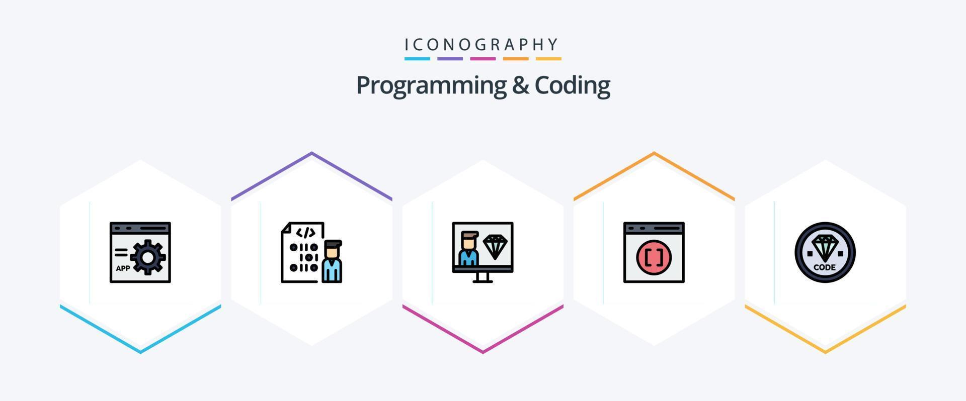 programmering en codering 25 gevulde lijn icoon pak inclusief ontwikkelen. code. programmeur. ontwikkelen vector