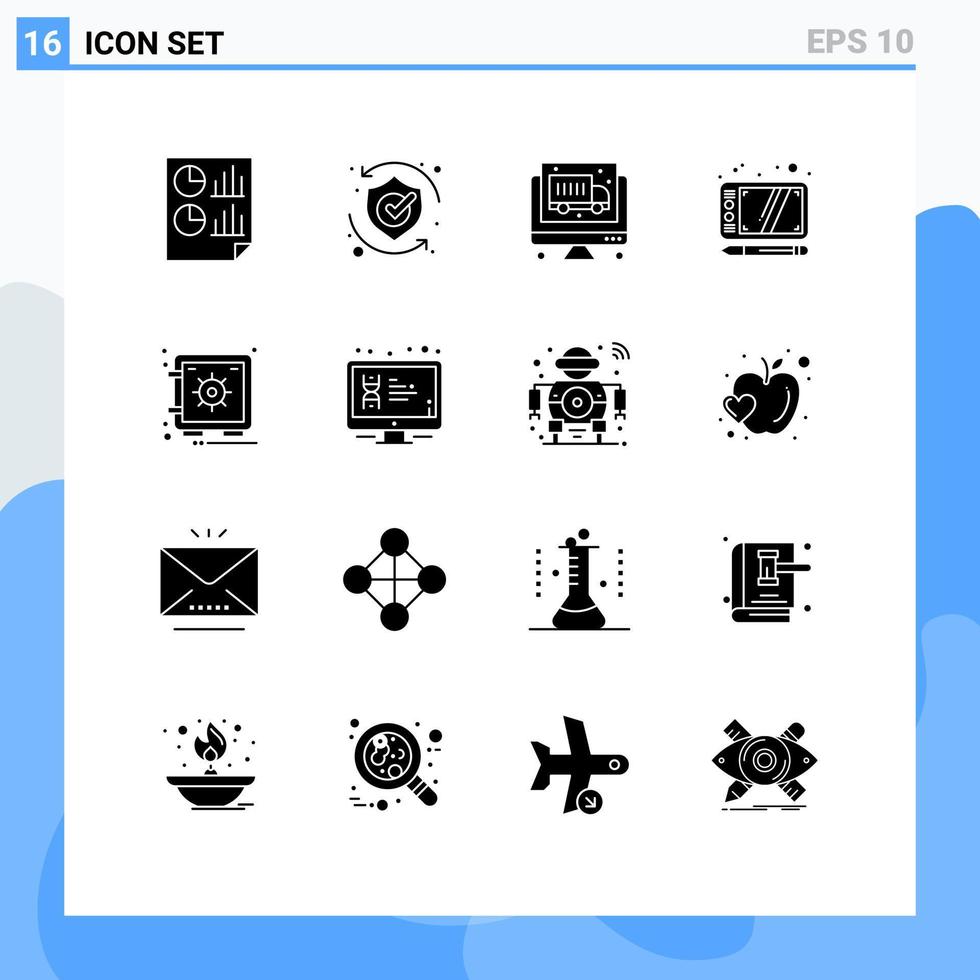 universeel icoon symbolen groep van 16 modern solide glyphs van veilig tablet schild trek economie bewerkbare vector ontwerp elementen