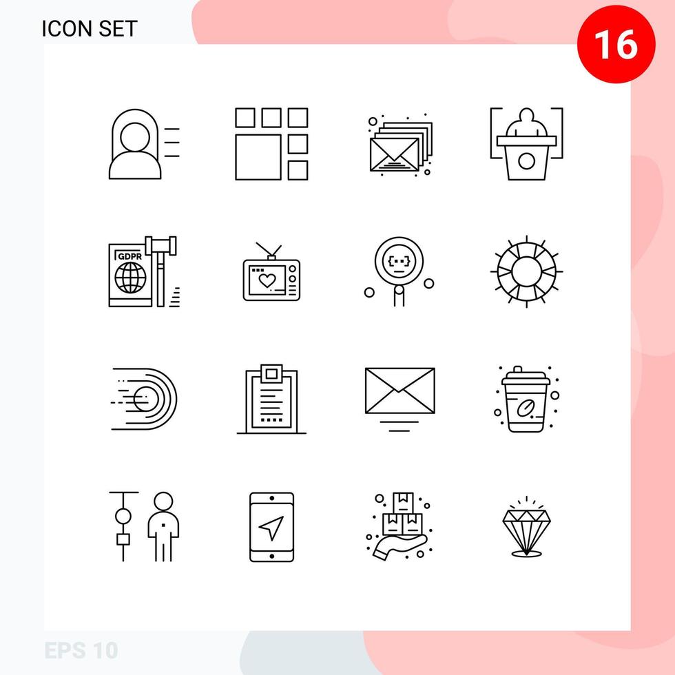 pictogram reeks van 16 gemakkelijk contouren van wet EU postvak IN bedrijf presentatie bewerkbare vector ontwerp elementen