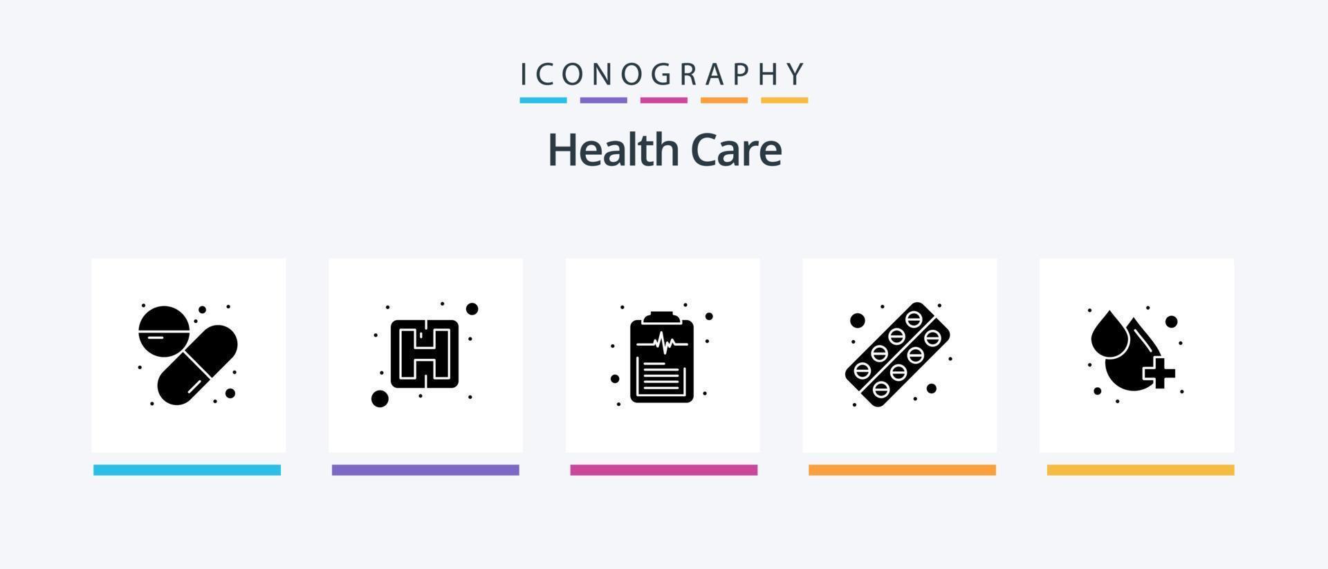 Gezondheid zorg glyph 5 icoon pak inclusief druppel. tablet. controleren lijst. pil. capsule. creatief pictogrammen ontwerp vector