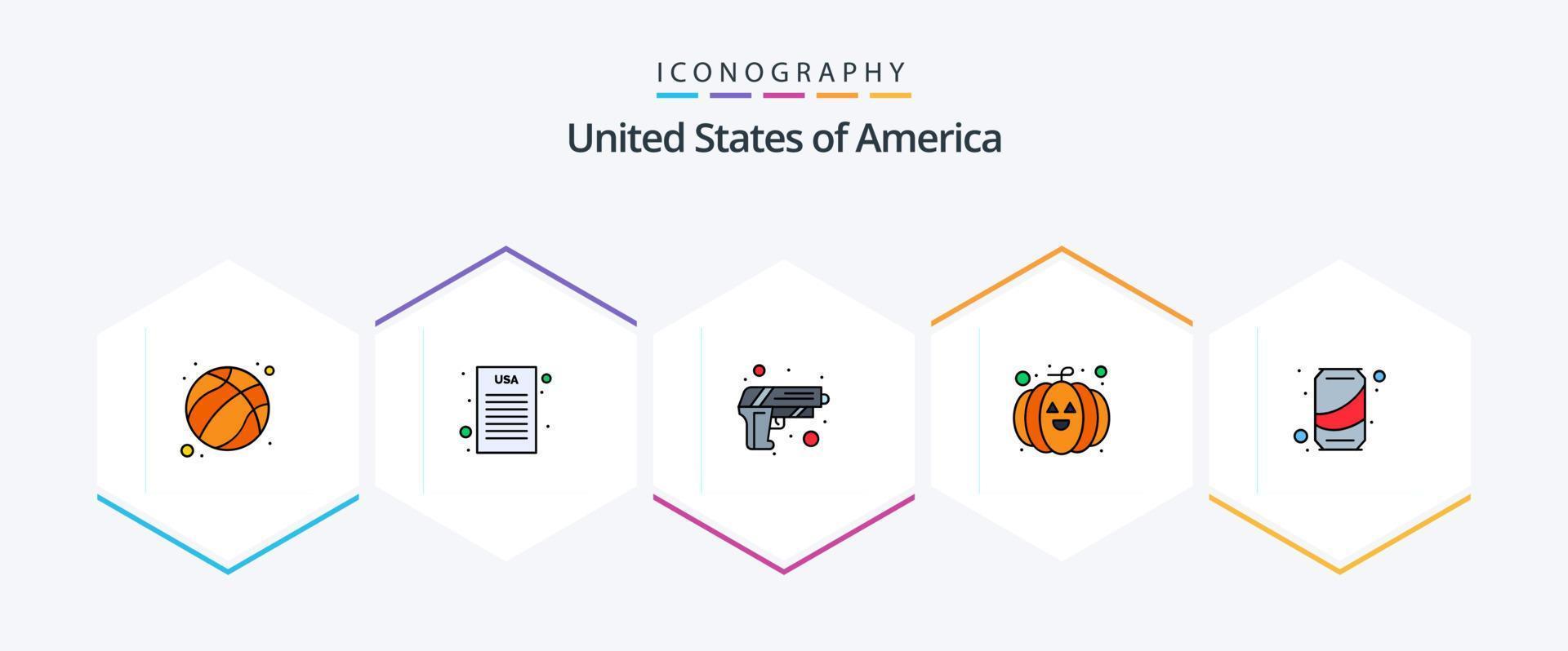 Verenigde Staten van Amerika 25 gevulde lijn icoon pak inclusief cola. kan. veiligheid. bier. pompoen vector