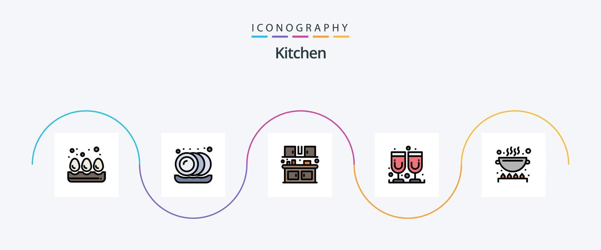 keuken lijn gevulde vlak 5 icoon pak inclusief . keuken. voedsel. Koken. sap glas vector