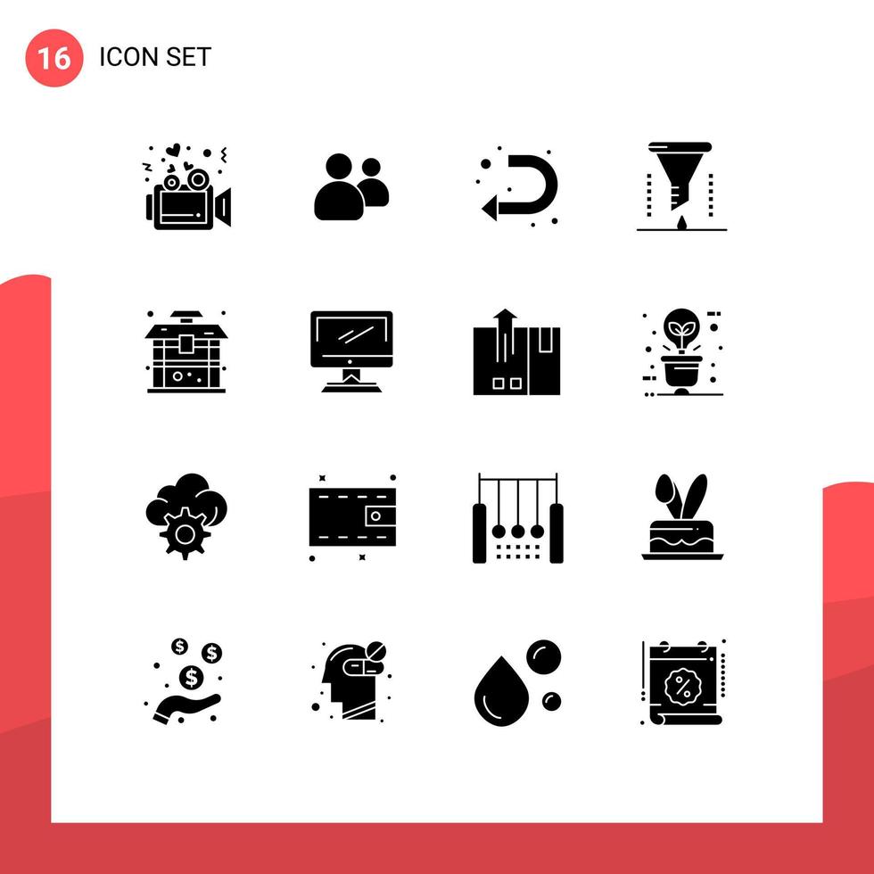 mobiel koppel solide glyph reeks van 16 pictogrammen van architectuur filter pijl chemisch laboratorium chemisch analyse bewerkbare vector ontwerp elementen