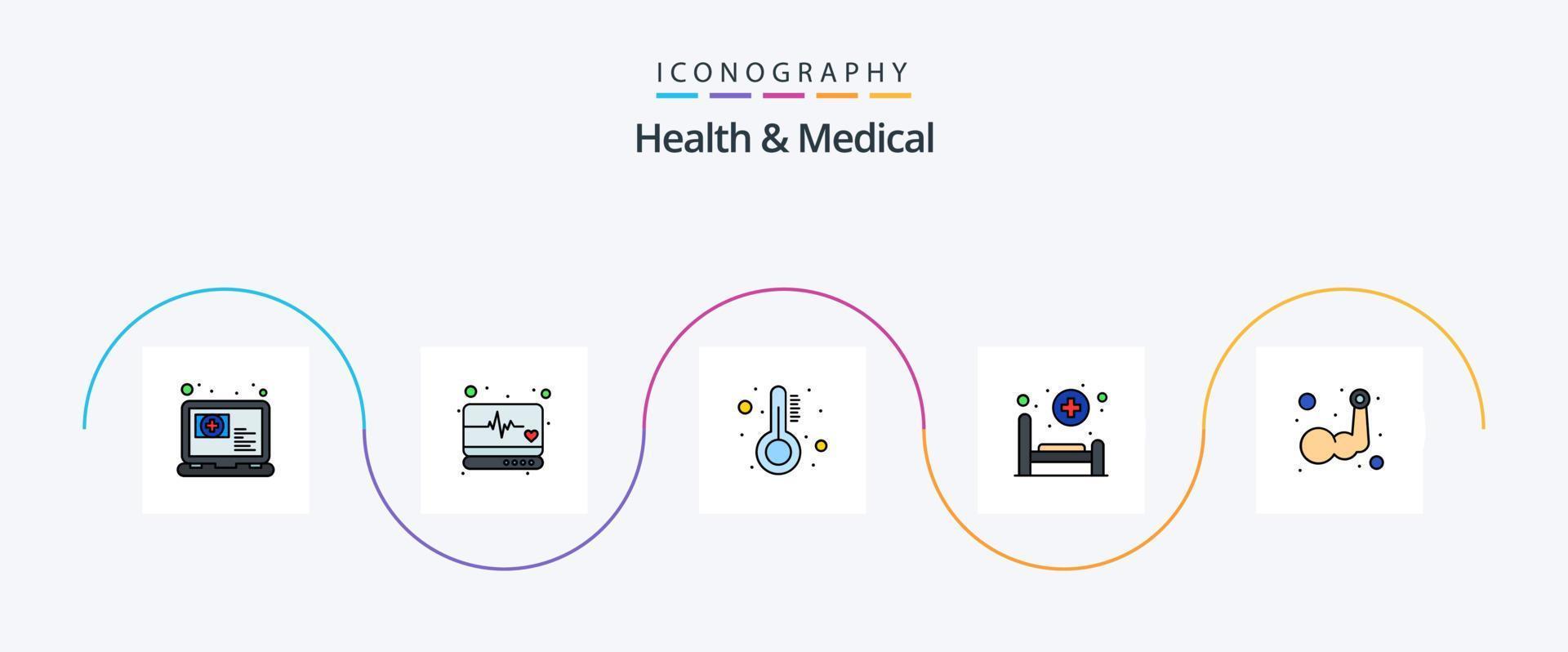 Gezondheid en medisch lijn gevulde vlak 5 icoon pak inclusief hand. zorg. gezondheidszorg. geduldig. bed vector