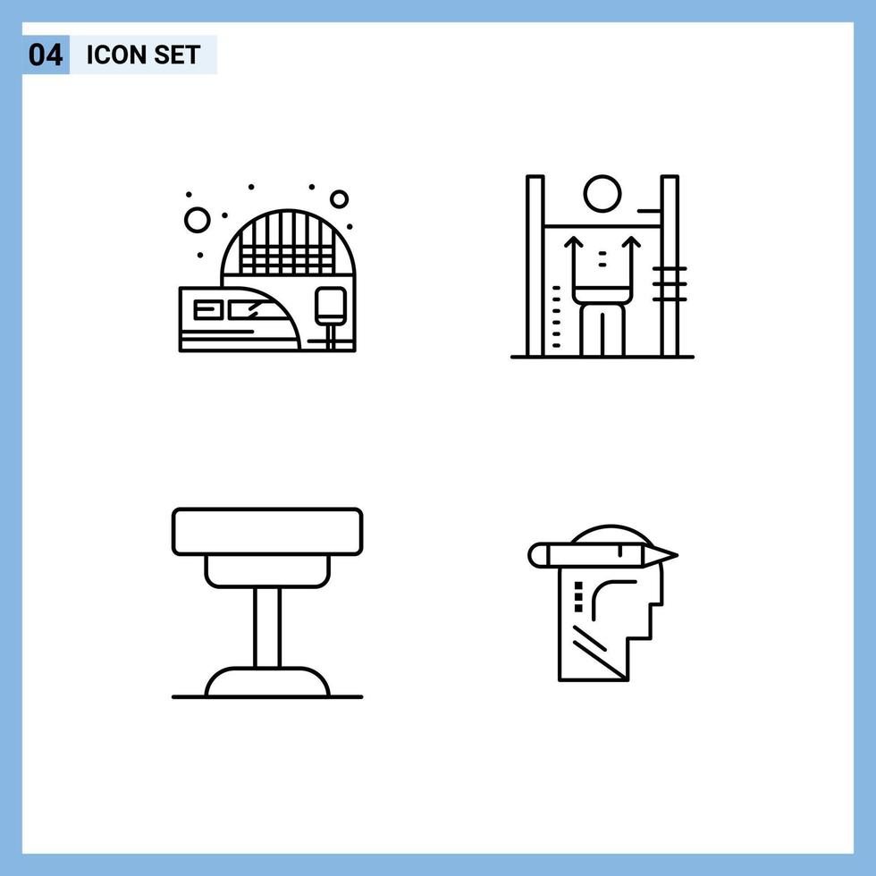 modern reeks van 4 gevulde lijn vlak kleuren en symbolen zo net zo spoorweg station decor trein menselijk meubilair bewerkbare vector ontwerp elementen