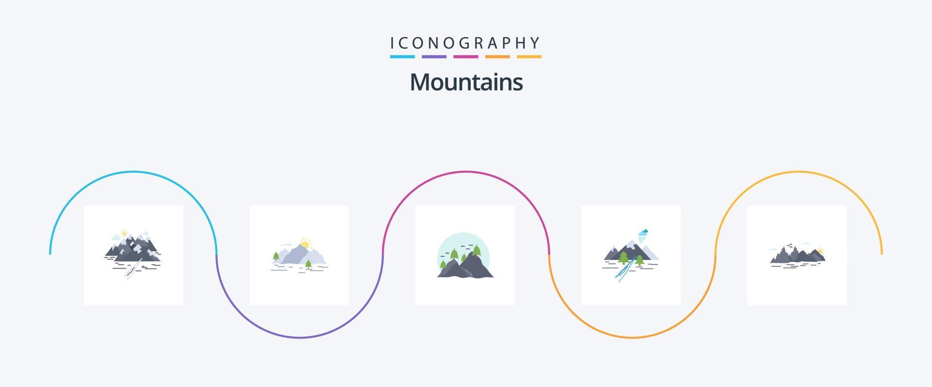 bergen vlak 5 icoon pak inclusief heuvel. zon. landschap. berg. landschap vector