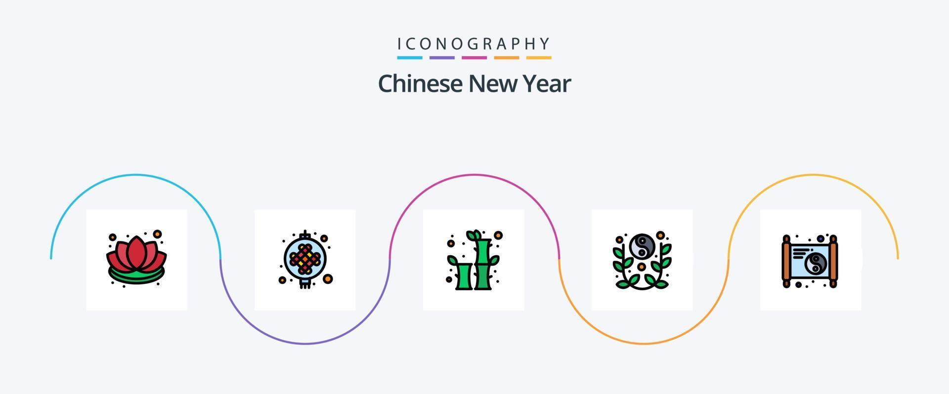 Chinese nieuw jaar lijn gevulde vlak 5 icoon pak inclusief Chinese. yin yang. bamboe. jaar. maan- vector