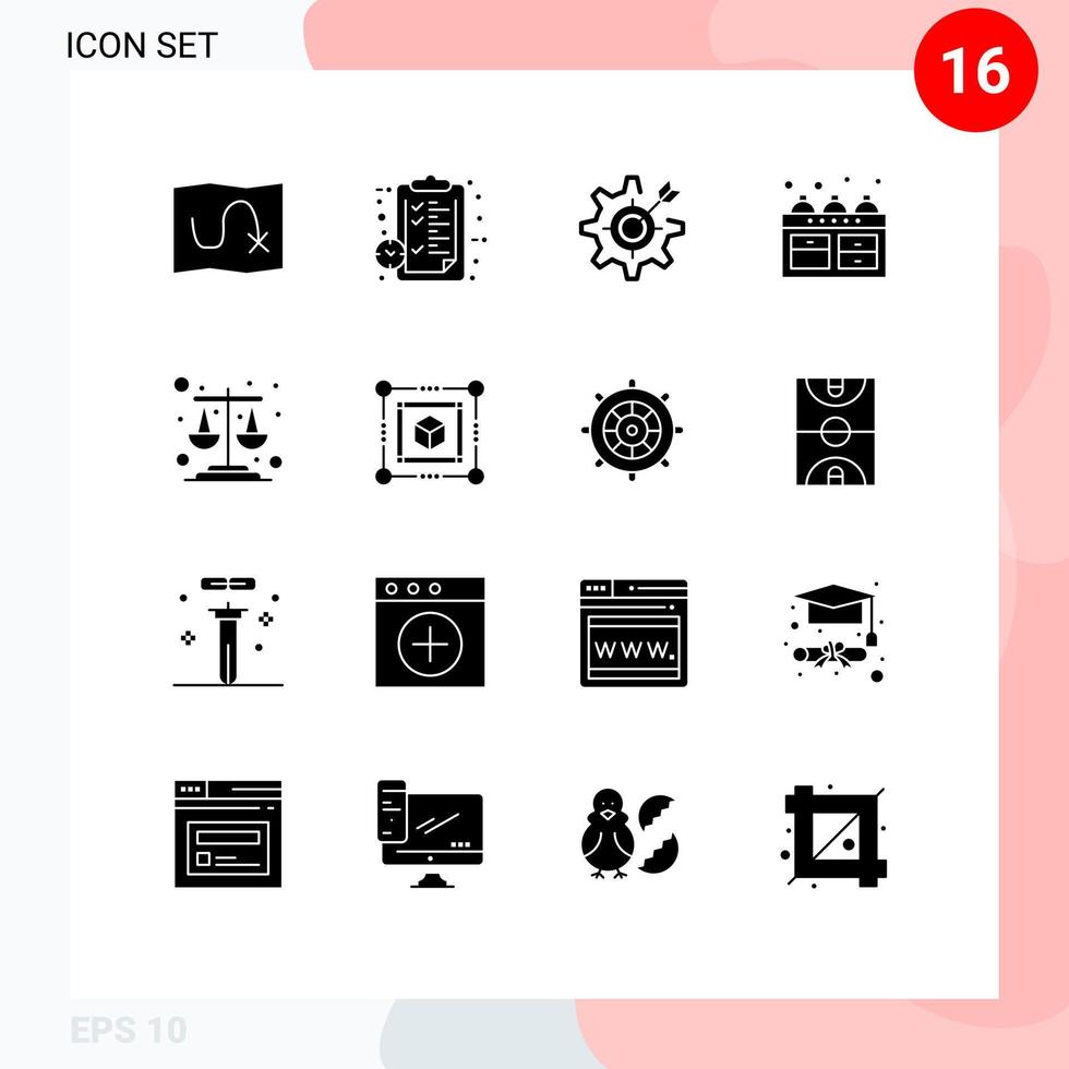 16 solide glyph concept voor websites mobiel en apps balans keuken configure waterkoker doelwit bewerkbare vector ontwerp elementen