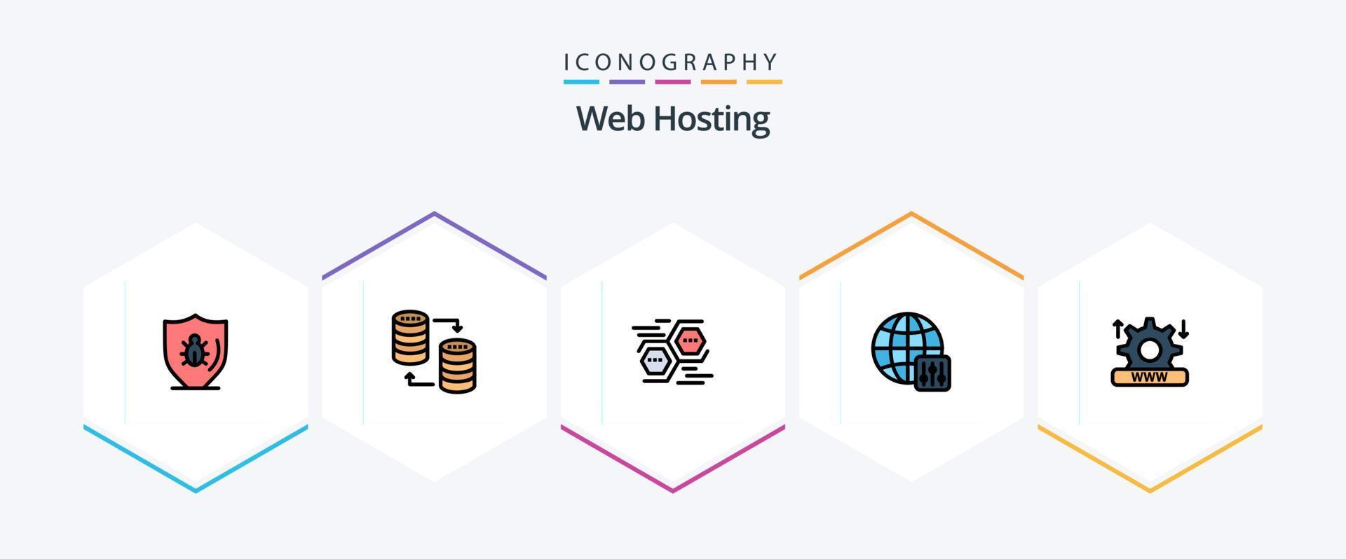 web hosting 25 gevulde lijn icoon pak inclusief server instellingen. wereld. opslag. digitaal. gegevens vector