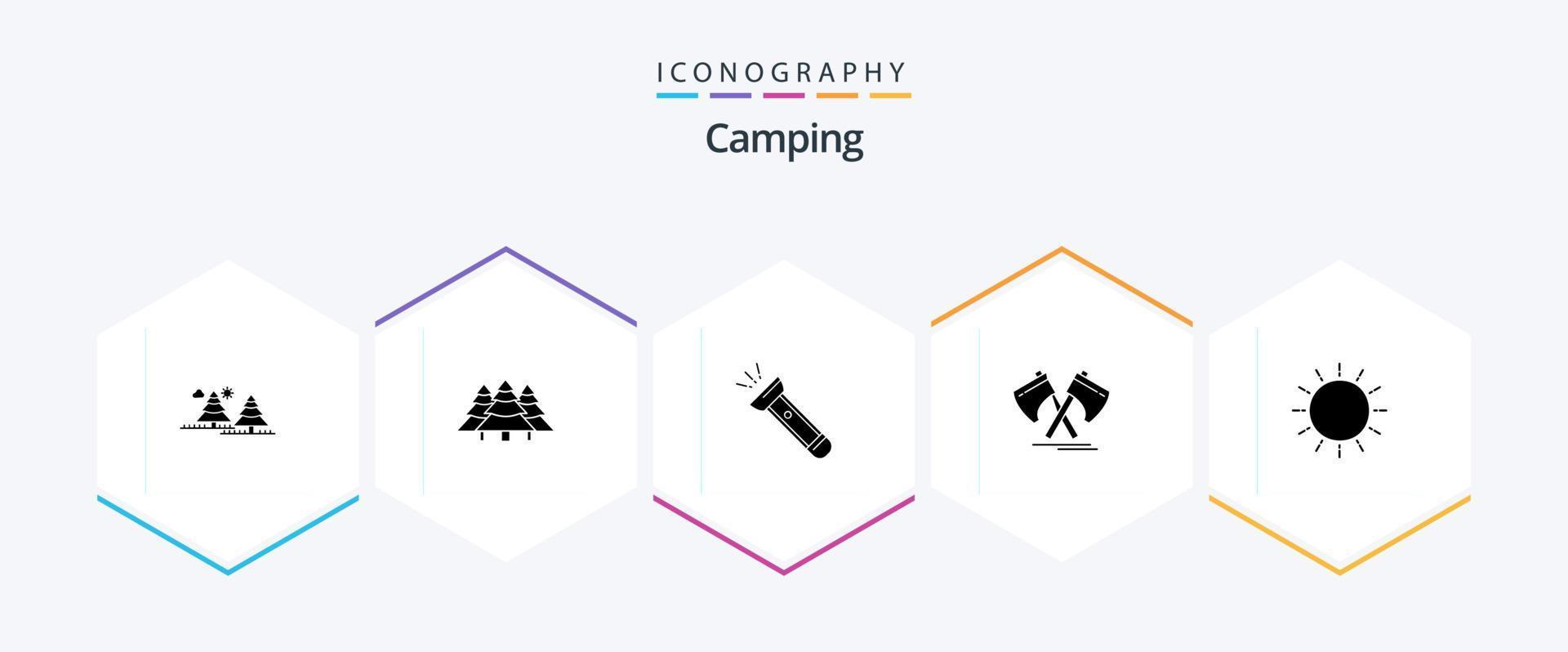 camping 25 glyph icoon pak inclusief zonsondergang. zon. camping. viking. gereedschap vector