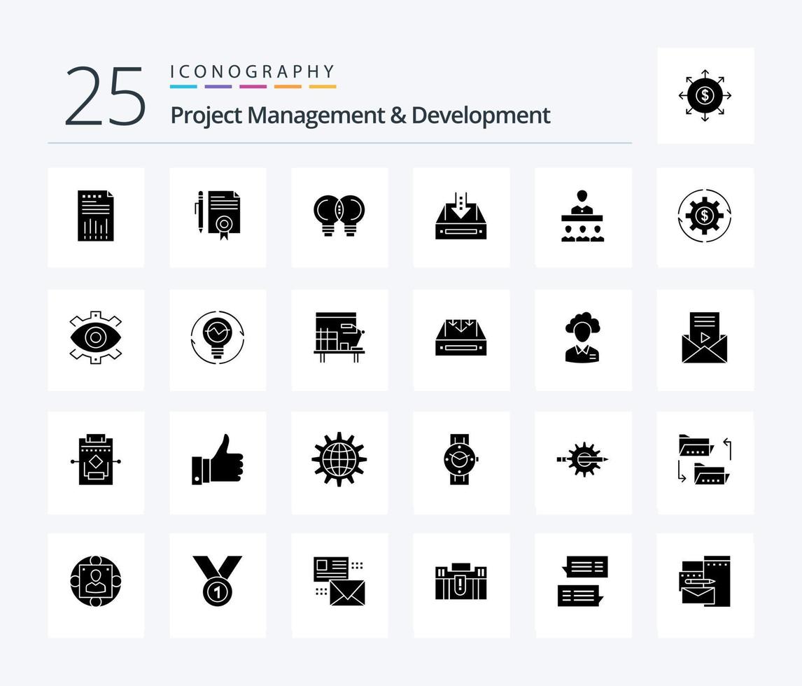 project beheer en ontwikkeling 25 solide glyph icoon pak inclusief doos. denken. wettelijk documenten. monteur. idee vector
