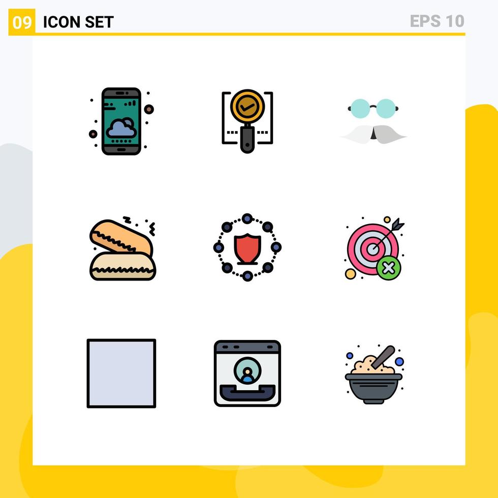 mobiel koppel gevulde lijn vlak kleur reeks van 9 pictogrammen van berekenen voedsel zoeken snel voedsel bril bewerkbare vector ontwerp elementen