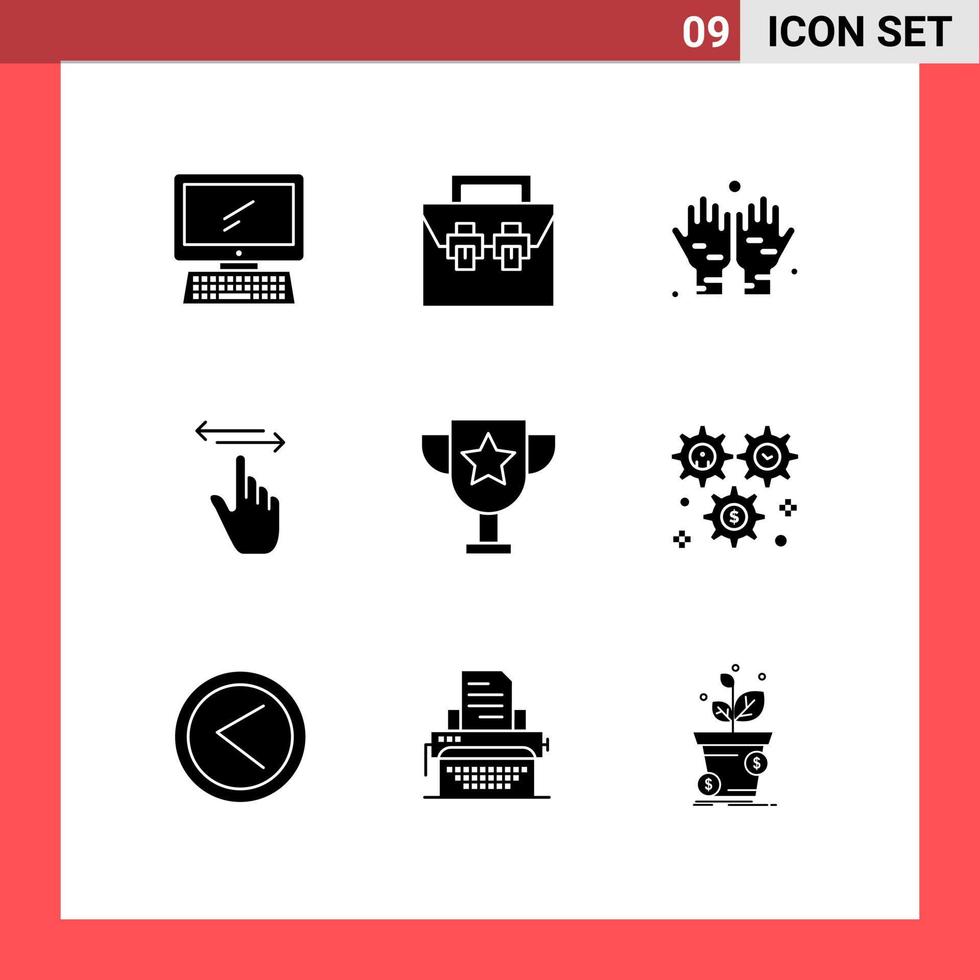 modern reeks van 9 solide glyphs pictogram van Rechtsaf hand- materiaal gebaren bidden bewerkbare vector ontwerp elementen