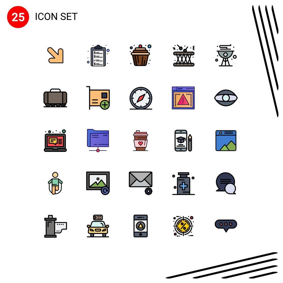 25 gevulde lijn vlak kleur concept voor websites mobiel en apps koken geluid taart instrument muziek- bewerkbare vector ontwerp elementen